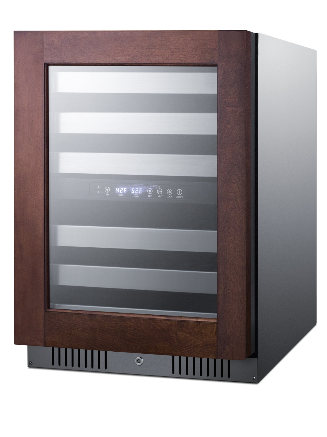 ADA compliant dual zone built-in wine cellar designed for the display and refrigeration of up to 46 bottles, with digital thermostat, panel-ready glass door, and black cabinet